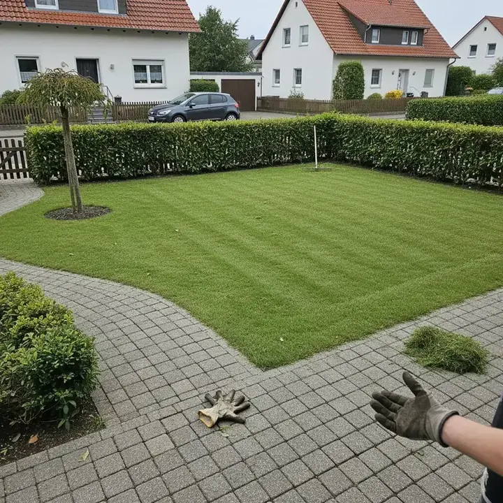 Gepflegte Außenanlage mit Rasen und Hecke