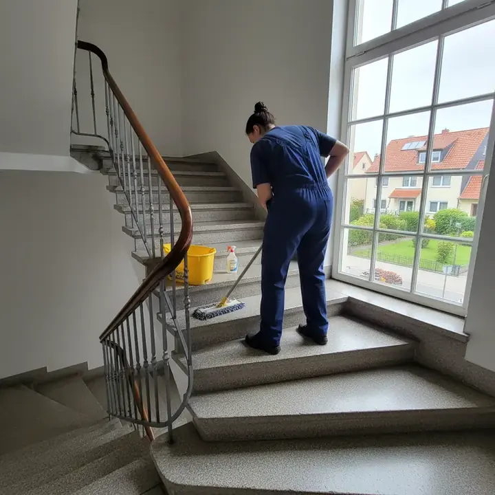 Reinigungskraft wischt ein Treppenhaus