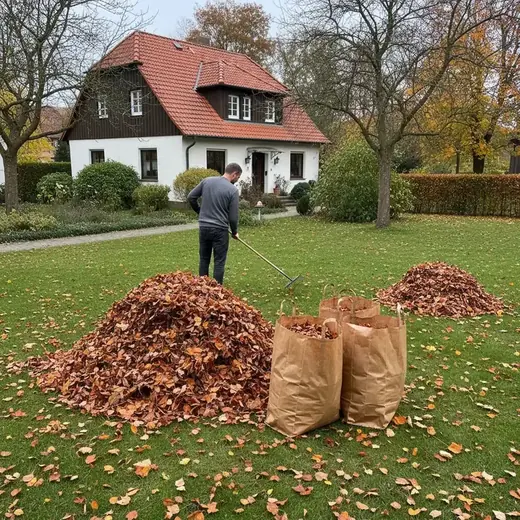Zusammengerechtes Laub auf dem Rasen