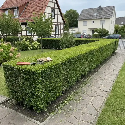 Frisch geschnittene Hecke am Gehweg