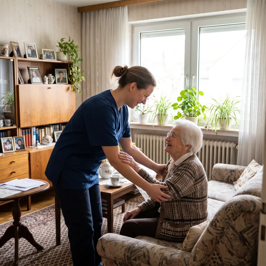 Haushaltshilfe hilft einer älteren Dame im Wohnzimmer