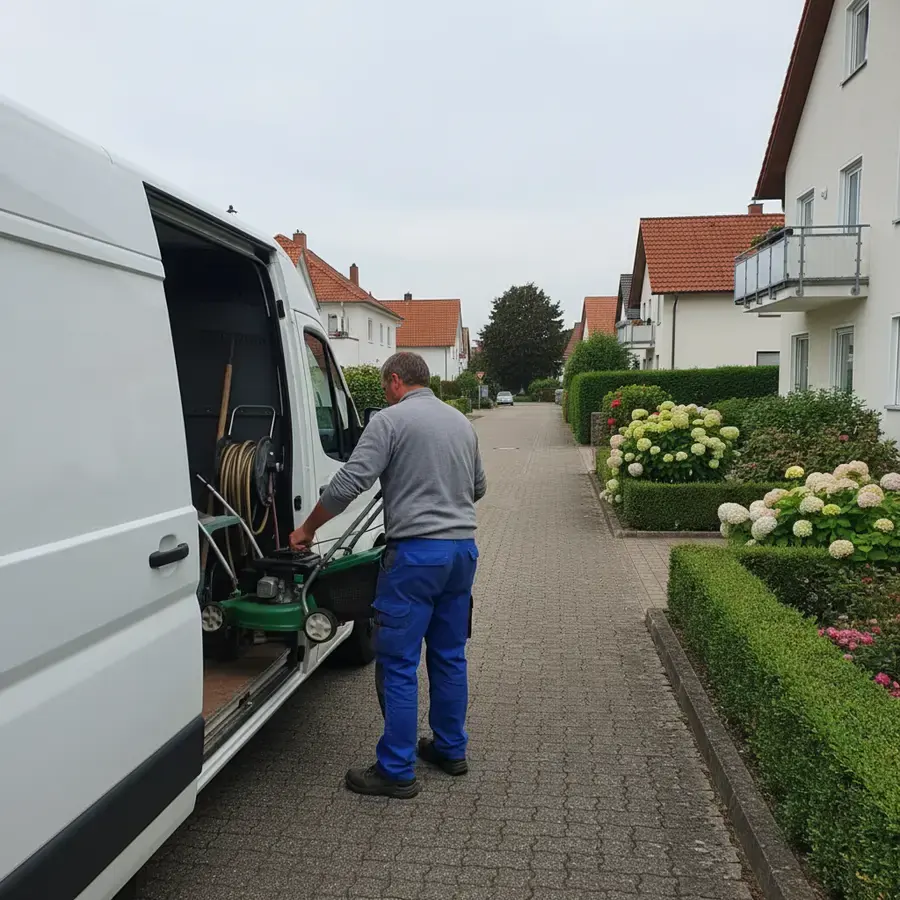 Firmenwagen vor einem gepflegten Grundstück